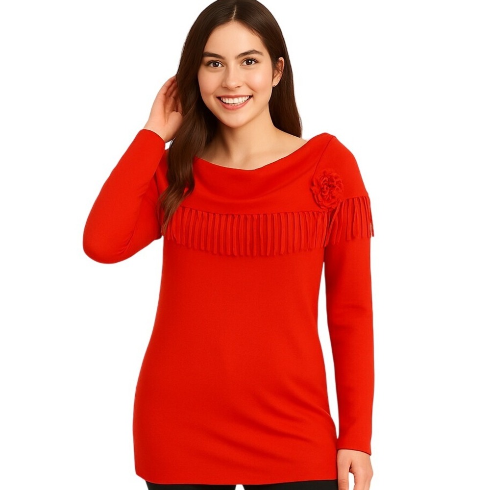 Sharon Young Sweater Size Large Red Foldover Cowl Neck Fringe‎ Boho Casual Cozy